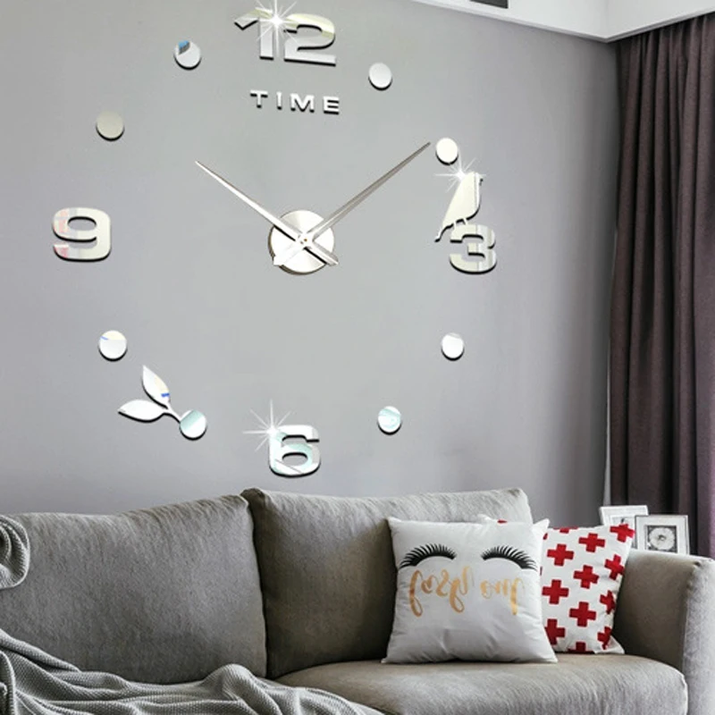 

Real Diy Acrylic Mirror Wall Clock 3d Big Quartz Watch Modern Still Life Clocks Bird Pattern Wall Sticker Living Room Home Decor