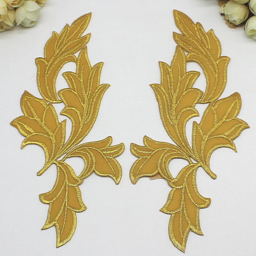 YACKALASI 10 Pairs/Lot 3D Flower Applique Mirror Pairs Gold Embroidered