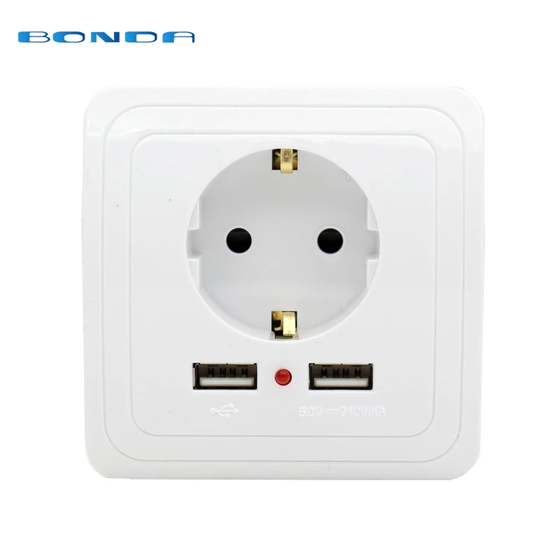 

Wholesale Wall Power Socket Plug Grounded, 16A EUStandard Electrical Outlet With 2400mA Dual USB Charger Port for Mobile