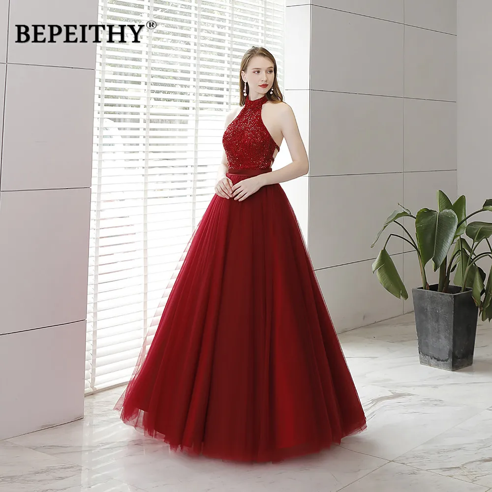 

Vestido De Festa Longo Halter Wine Red Prom Dresses Sexy Backless Long Evening Dress Party Gown 2019 New Arrival