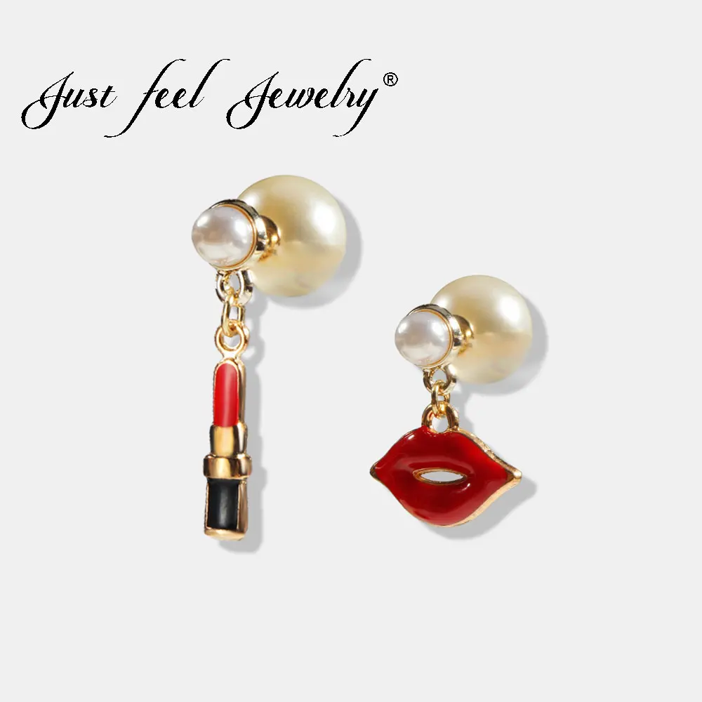 

JUST FEEL New Red Lipstick Lips Drop Earrings For Women Asymmetry Enamel Double Imitation Pearls Earring Fashion Jewelry Brincos