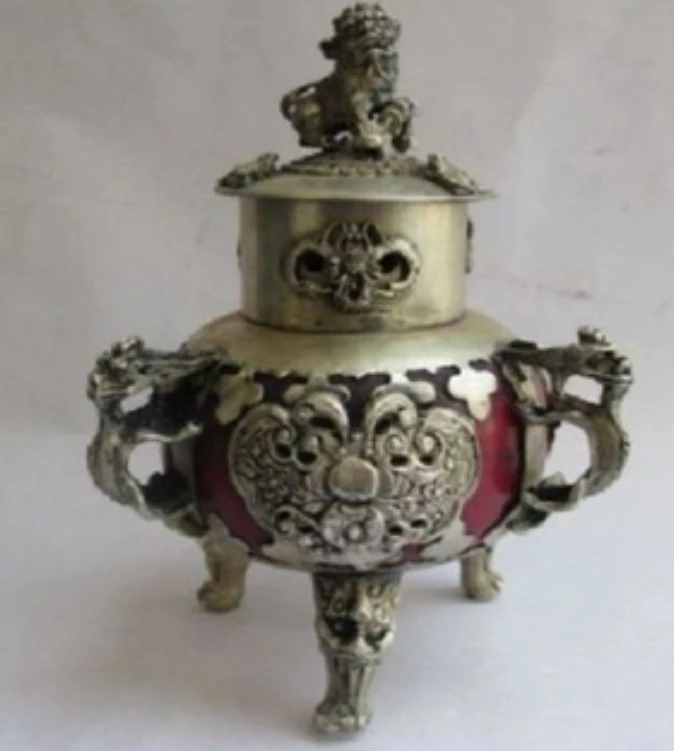 

christmas decorations for home+ Chinese Old Tibet silver jade lion dragon Incense Burner /censer free shipping