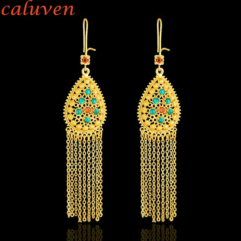

Arab Middle East Gold Color Earring Ethiopian Gifts African Long Earrings With Blue Pine Stone for Women CE060