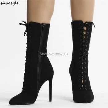 

SHOOEGLE Celebrity Same Styple Black Faux Suede Ankle Boots Gladiator Lace up Thin Heels Pointed Toe Short Booties Mujer Botas