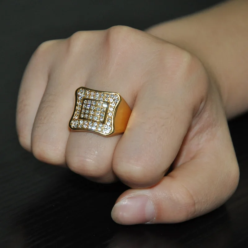 

HIP Hop Gold Color 316l Stainless Steel Micro Pave Rhinestone Iced Out Bling Square Rings for Men Jewelry