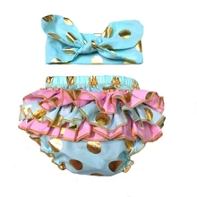 Пышные трусики из узорчатой ткани в Золотой горошек с оборками для маленьких девочек, подарок для фотосессия с повязкой на голову