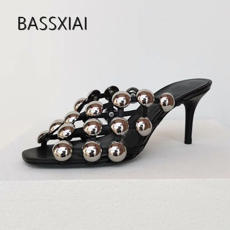 

2019 Rivet Knit Black Real Leather Slippers Woman Peep Toe Cut Out High Heel Shoes Woman Fashion Mules Shoes Sandals