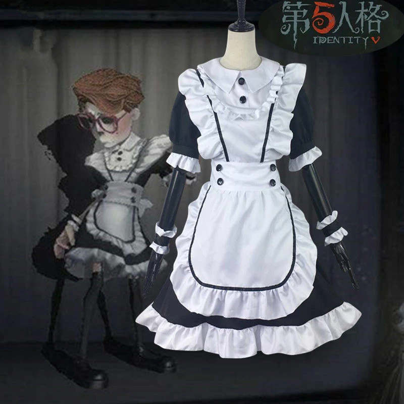 Lucky Guy Maid Costume Cosplay Game Identity V Unisex Man Female Cafe Black Maid Cospaly Costume Dress Apron Wrist Bow