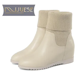 

MLJUESE 2019 women Mid-calf boots cow leather knitting autumn spring increasing wedges women wedding boots female boots