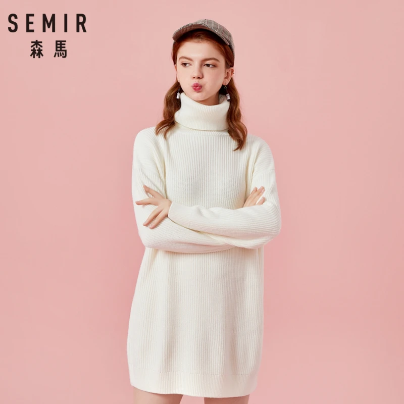 SEMIR женское облегающее платье-свитер с высоким воротом, женское шерстяное платье-свитер со спущенными плечами, уютный стиль для зимы