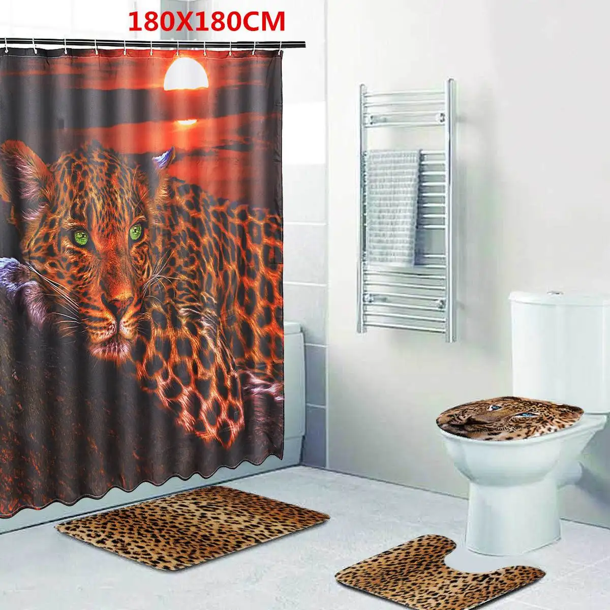 Leopard Set Тигр, львы, леопард, панда, ванная комната, полиэстер, занавеска для душа, пьедестал, ковер, крышка для унитаза, коврик для ванной, водонепроницаемый, домашний декор, 12 крючков - Цвет: Leopard Set