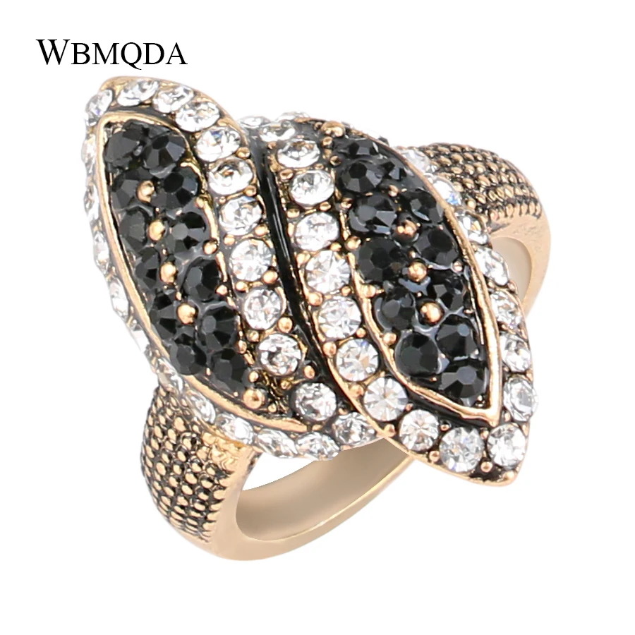 Wholesale Vintage Black Crystal Big Wedding Rings For Women Antique Gold Color Wave Ring Fashion Jewelry Free Shipping