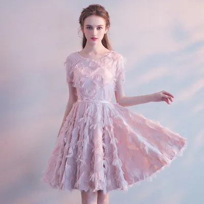 Pink O Neck Mingli Tengda элегантное кружевное платье подружки невесты с v-образным вырезом простое короткое платье для свадебной вечеринки - Цвет: Pink O Neck
