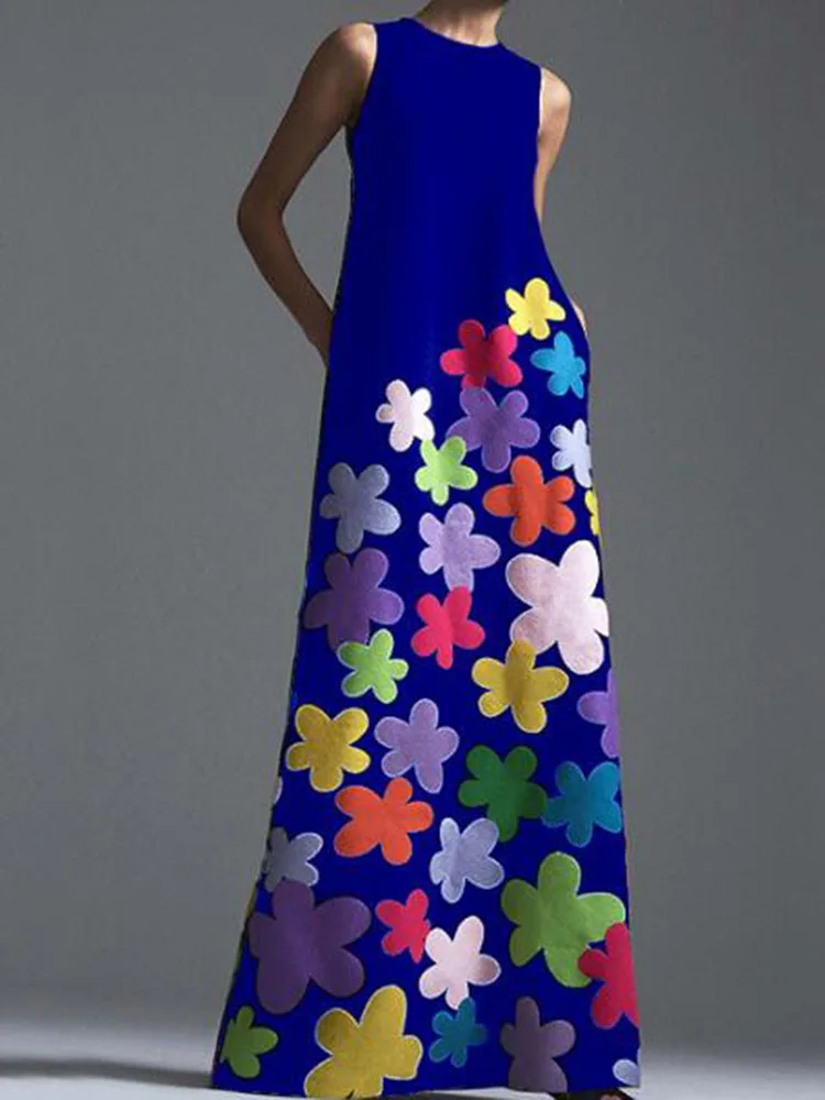 Женский Длинный Сарафан с цветочным принтом, элегантное платье макси с круглым вырезом, летнее Повседневное платье без рукавов с цветочным принтом, платье для пляжного отдыха, Vestidos - Цвет: blue