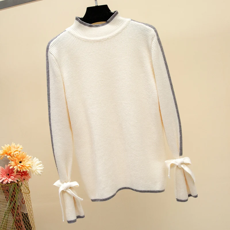 2018 New Fashion Women Sweaters Pullovers Female Loose Knit Long Sleeve Cuff Lace-Up Knitted Tops Female Half Turtlenck Sweaters