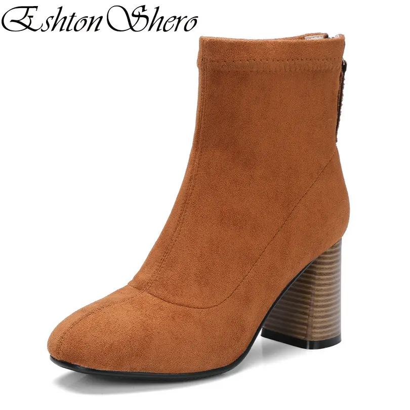 

EshtonShero Women Ankle Boots Shoes Woman Square High Heel Pointed Toe Flock Zipper Khaki Ladies Motorcycle Boots Size 34-39