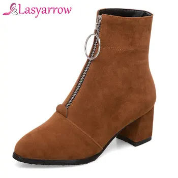 

Lasyarrow Ladies Ankle Boots Women Nubuck Leather Zipper High Heels Boot Female Round toe Autumn Boots Size 34-43 Knight Boots