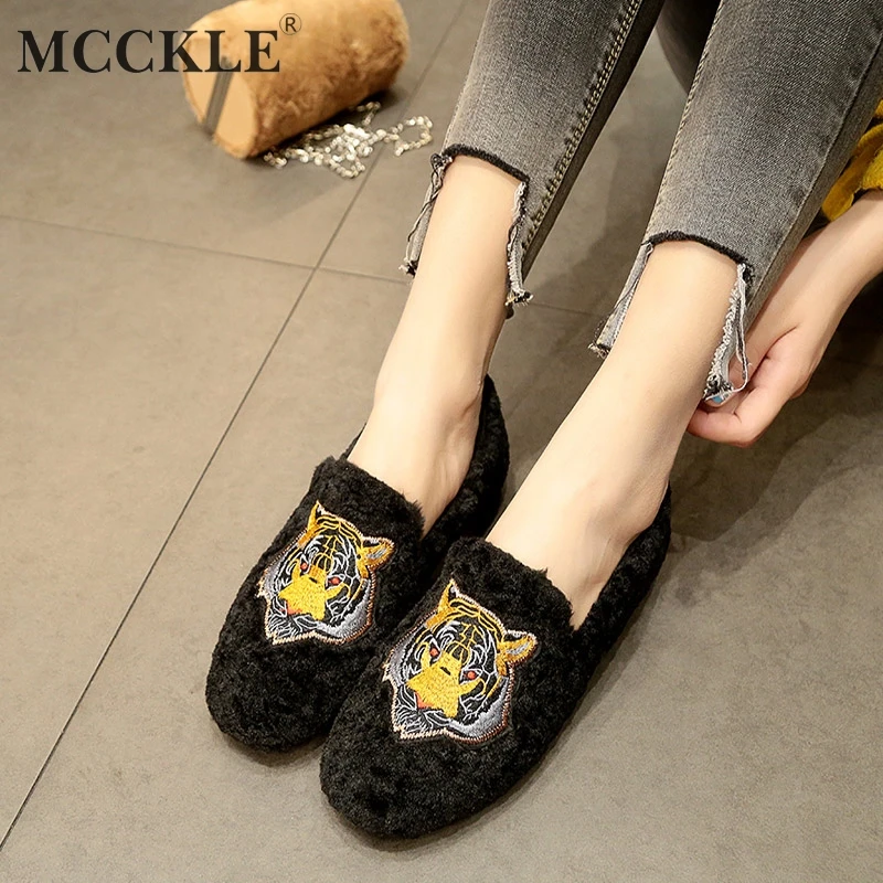 

MCCKLE Women's Flock Warm Fur Flat Ladies Cusual Slip On Shoes Female Low Heels Loafer Woman Embroider Winter Shallow Footwear