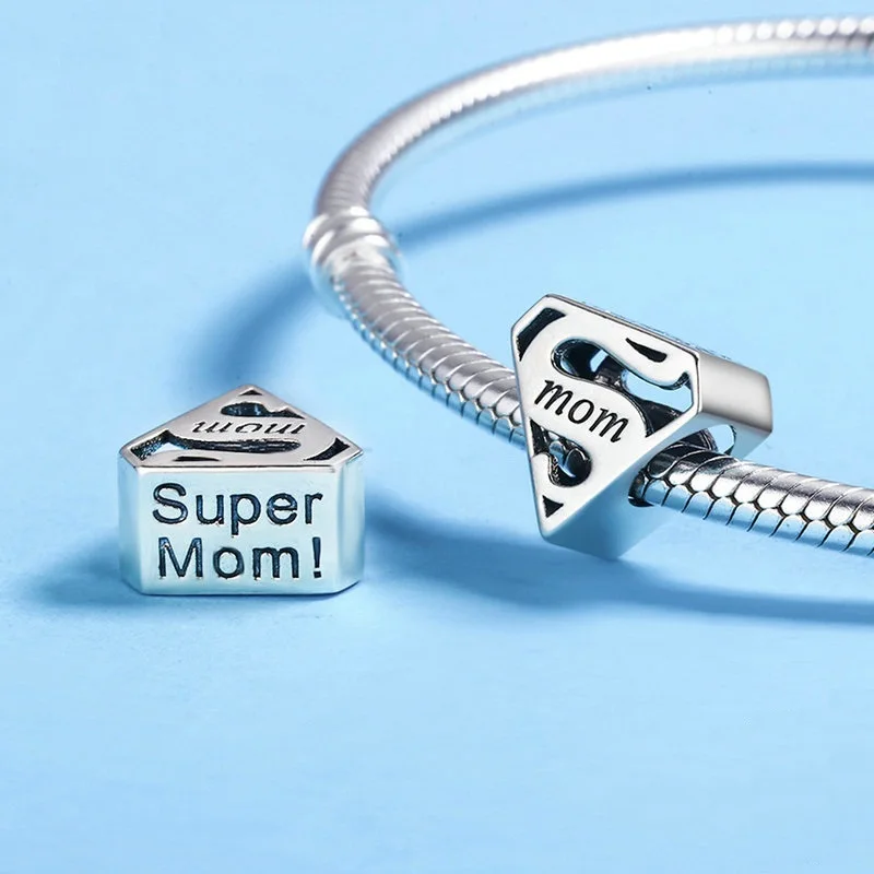 

Solid 925 Sterling Silver Super Mom Mama Fits Pandora Charm Bead Bracelet Bangle DIY Mothers Day Gifts Xmas Jewelry Berloque New