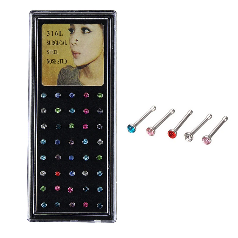 1 Pack Of 60 Pcs Crystal Rhinestone Nose Ring Punk Retor Bulk Bone Straight Stud Bar Piercing Nose Ring Wholesale