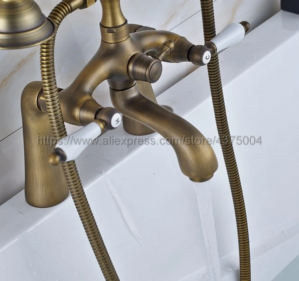Antique Brass Bathroom Clawfoot Bath Tub Faucet Mixer Tap Ceramic Handle Hand Shower Head Nan008