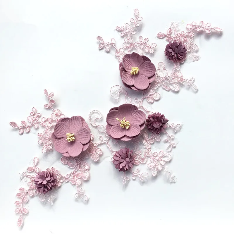 

2 Pieces/lot dusty pink embroidery flowers with 3d petals! Girls clothing dress diy sewing lace patch elegant 2018 NEW!