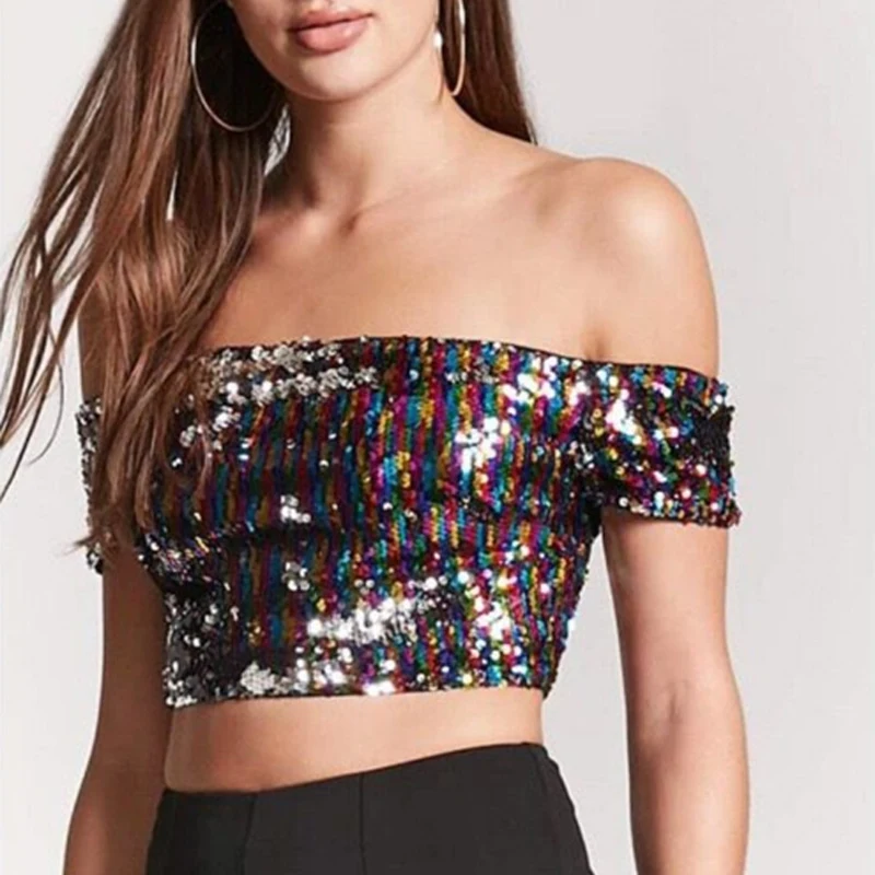 New Summer Womens Sequin Off Shoulder Crop Top Sexy Slash Neck Blouse