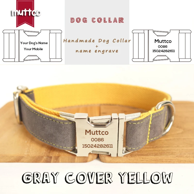 

MUTTCO retailing self-design laser engraved dog collar GRAY COVER YELLOW handmade engraved pet name collar and leash UDC026