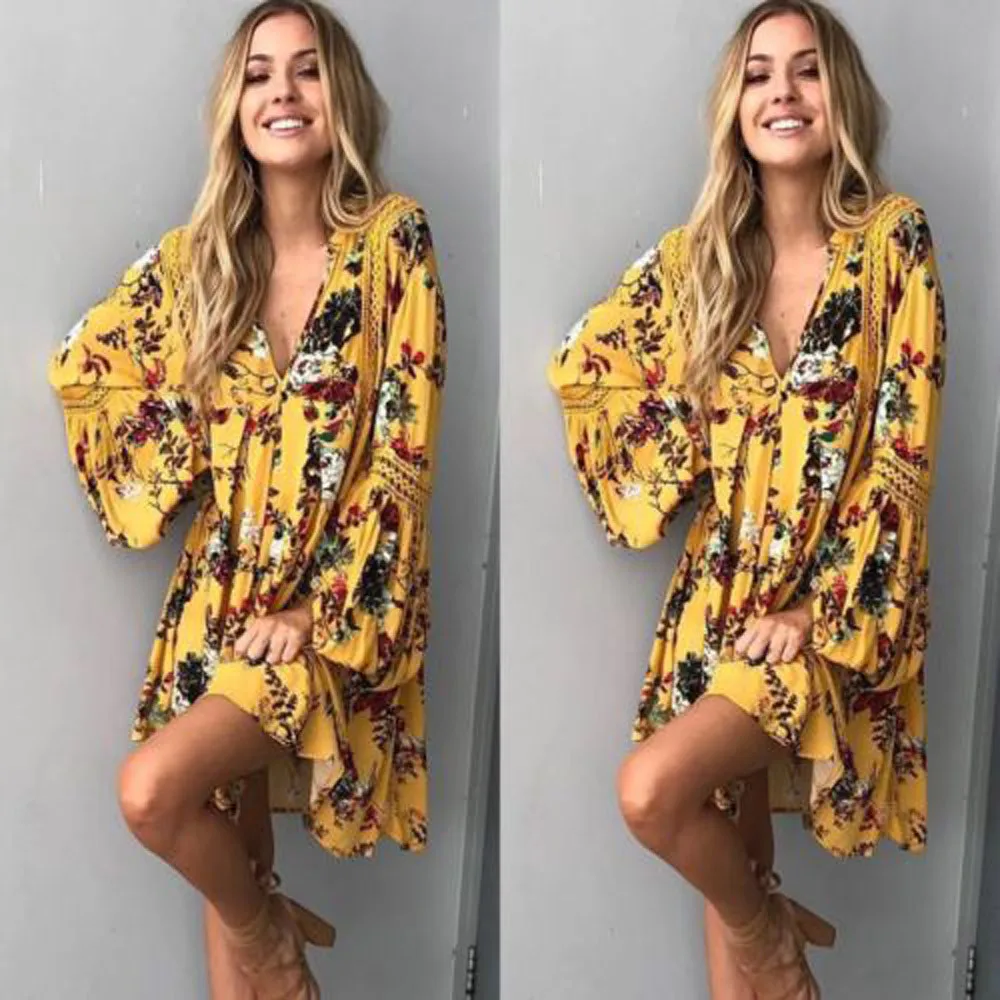 

Womensummer dress irregular Boho Floral Long Maxi Evening Party Beach Flower Printing Mini Dress Sundress