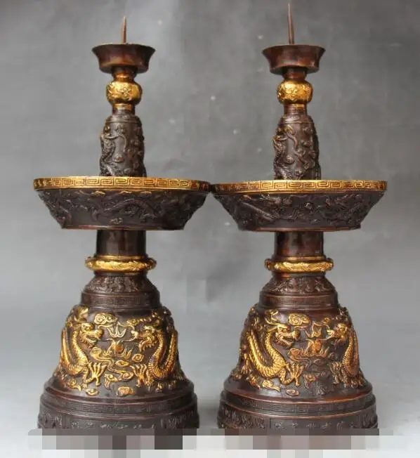 

S5279 14" China Folk Bronze Gilt Dragon Candle Stick CandleStick Oil Lamp Pair Statue discount 30% (C0324)