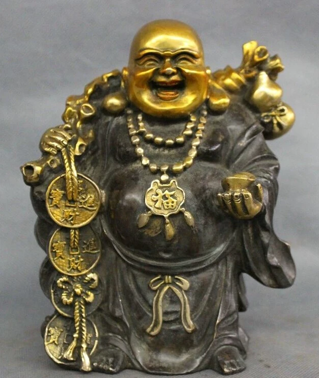 

Chinese Bronze Gilt Gourd YuanBao Coin Happy Laughing Maitreya Buddha Statue