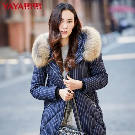Cheap 2016 new hot winter Thicken Warm woman Down jacket Coats Parkas Hooded Raccoon Fur collar Straight long plus size 2XXL  stripe