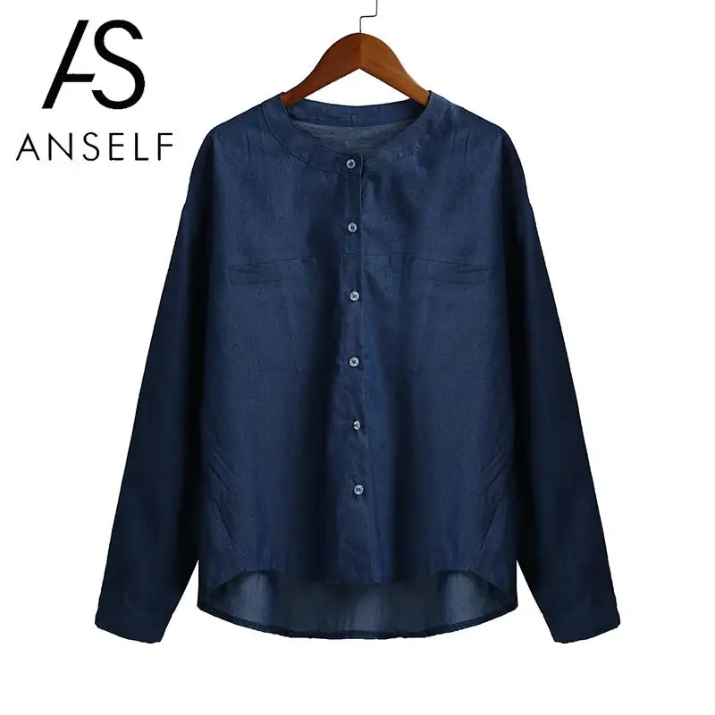 

2019 Summer Blouses Women Denim Shirt female Button Front O-Neck Long Sleeve Office Shirt Blouse female tunic Tops Black Blue