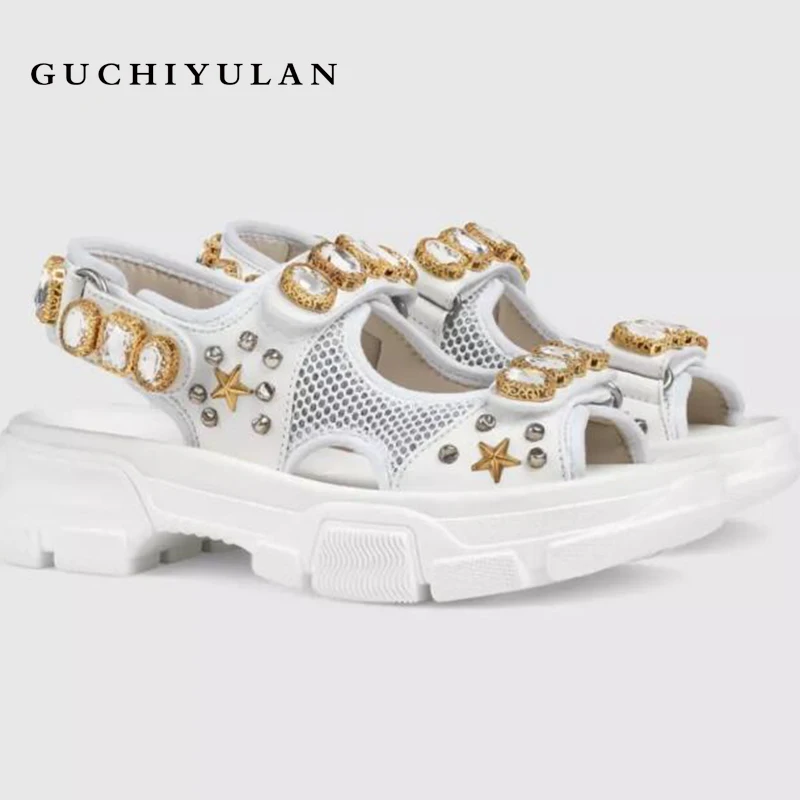

new Style Crystal decoration platform sandals women mesh cloth peep toe thick bottom summer shoes flat casual sandals for women