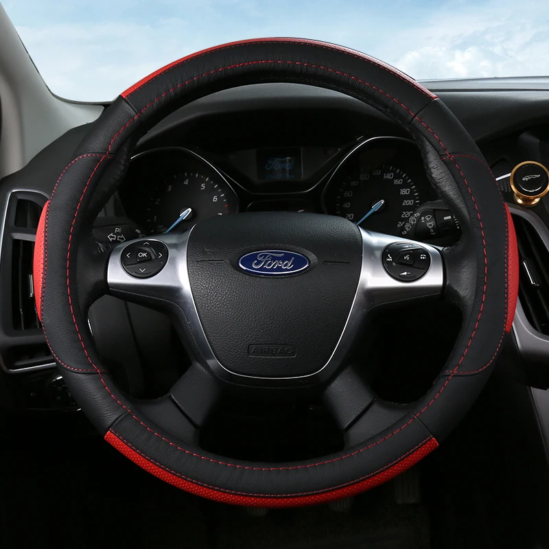 

new Top layer leather non-slip Car Steering Wheel Cover Soccer Pattern Splice Light Leather Universal Fits Most Car Styling