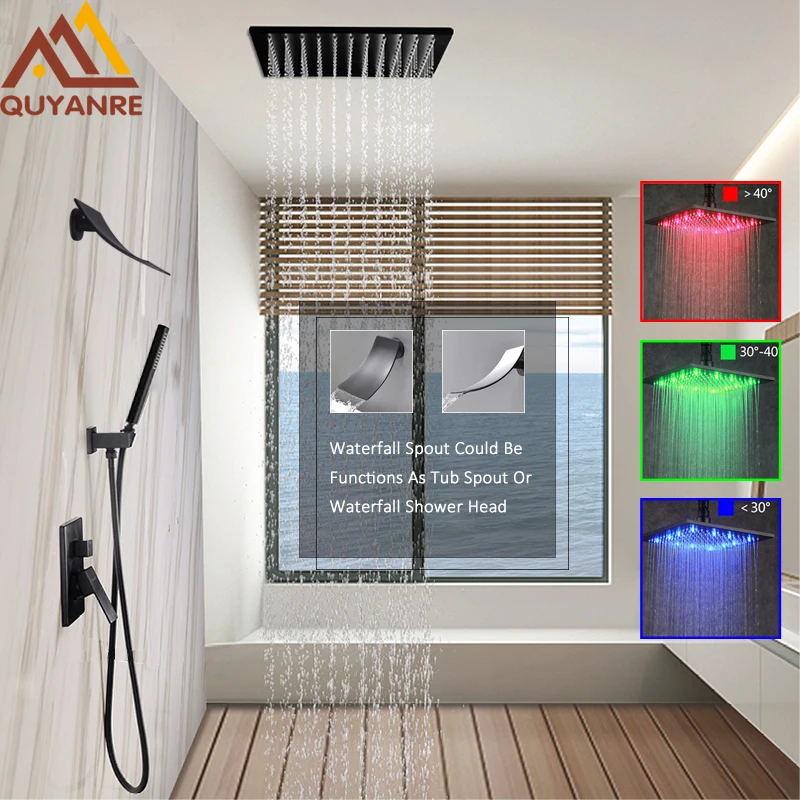 quyanre wanfan frap black led rainfall shower faucet set rainfall led shower head waterfall spout with 3-way mixer tap bathroom shower5