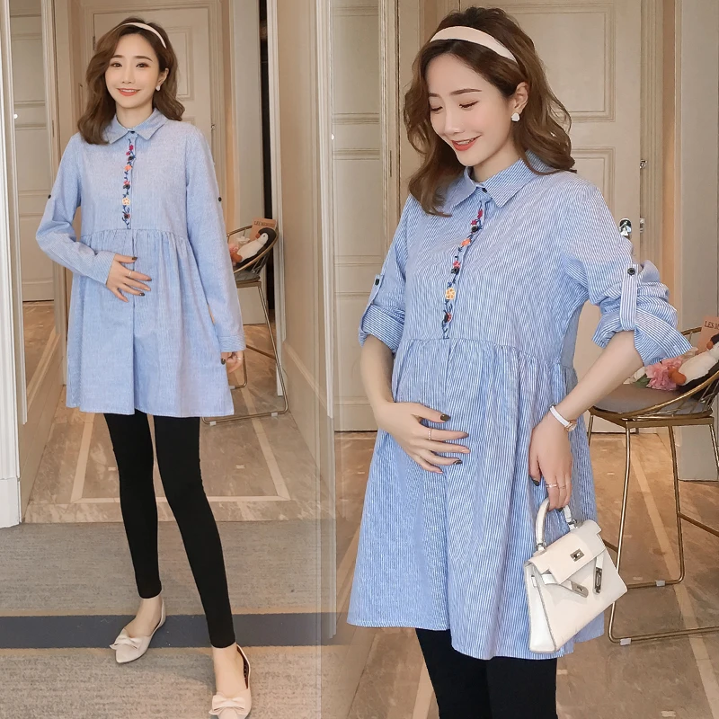 

1922# Rolled Up Long Sleeve A Line Loose Maternity Blouses Spring Autumn Fashion Shirt Clothes for Pregnant Women Pregnancy Tops