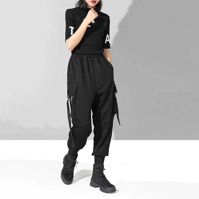 [EAM] новые осенние зимние черные свободные шаровары с высокой эластичной талией и карманами, модные женские брюки JQ015