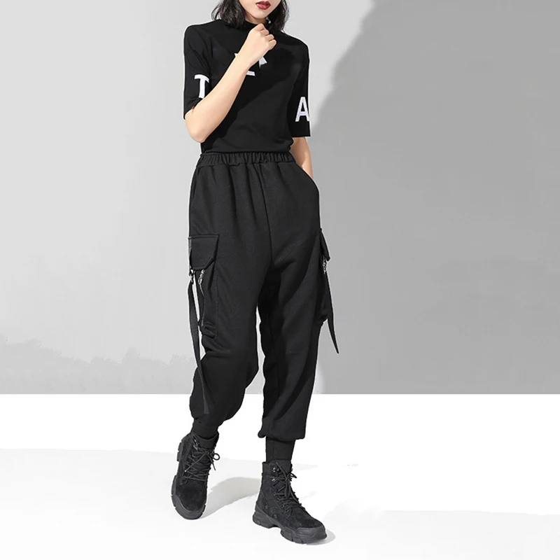  [EAM] 2020 New Autumn Winter High Elastic Waist Black Pocket Split Joint Ribbon Loose Harem Pants W