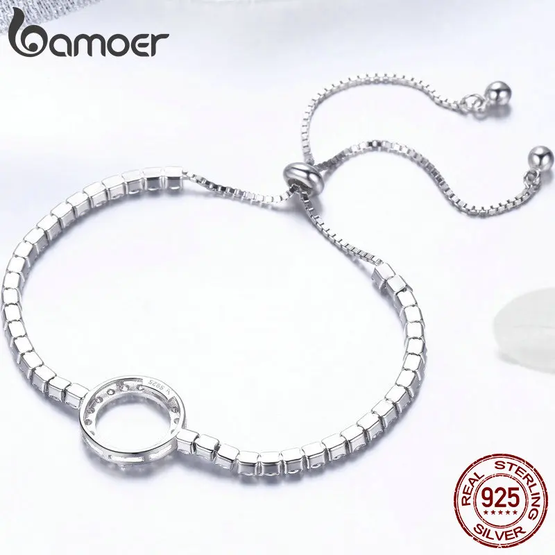 BAMOER الساخن بيع الحقيقي 100% 925 فضة جولة دائرة بسيطة أساور التنس للنساء أصيلة الفضة مجوهرات SCB110