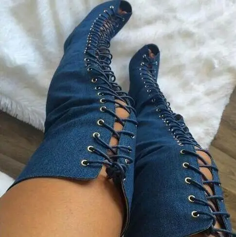 Spring Hot Sale Ladies Open Toe Lace-up Suede Gladiator Sandals Boots Woman Cut-outs Thin High Heels Over-the-knee Boots