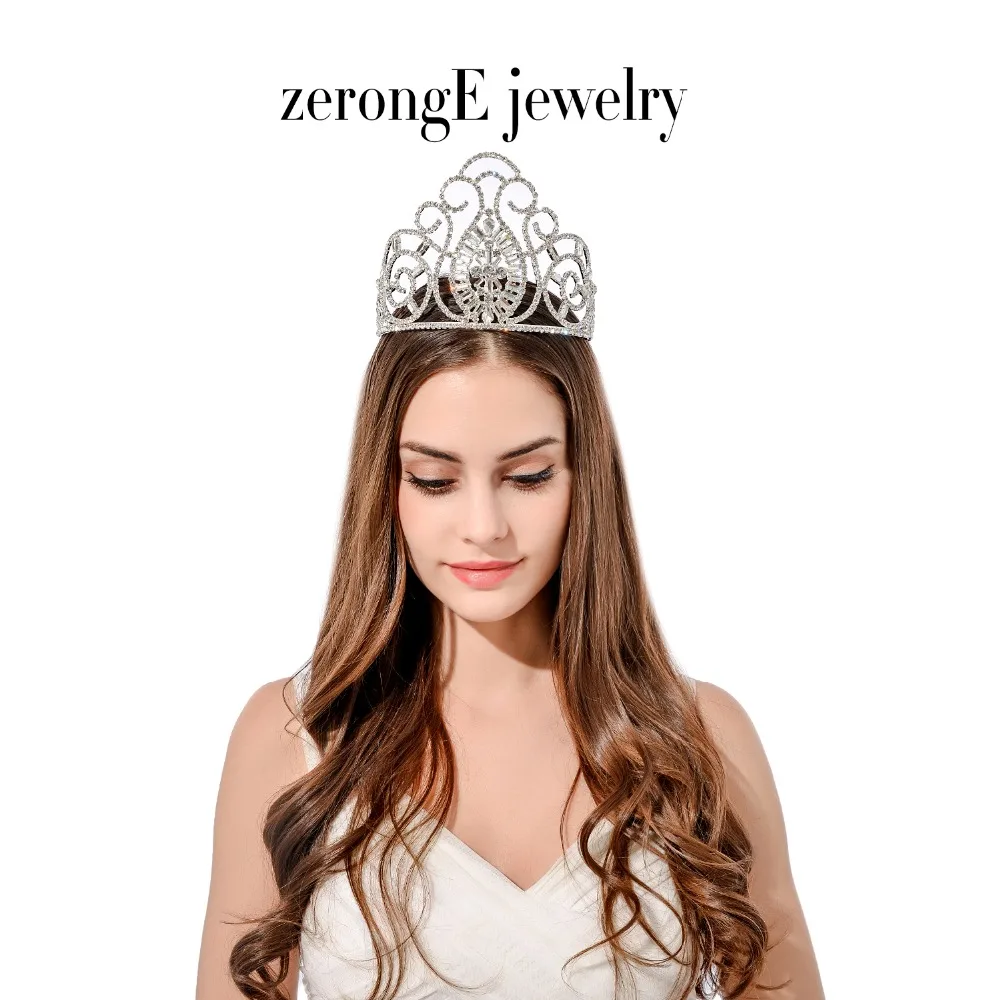 

zerongE jewelry 4.7inch large pageant peacock crystal bridal tiara silver brilliant princess hair jewelry ornaments crown tiara