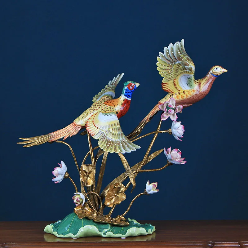 

Luxurious A Pair Of Flying Phoenixes Sculpture Ceramic Crafts Home Decor Retro Animal Copper Statues Ornaments Wedding Gifts