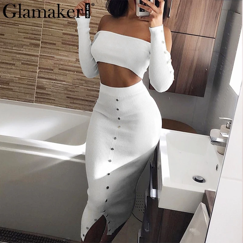 

Glamaker Off shoulder split sexy bodycon dress Women two piece black summer beach dress Elegant vintage long party dress ladies