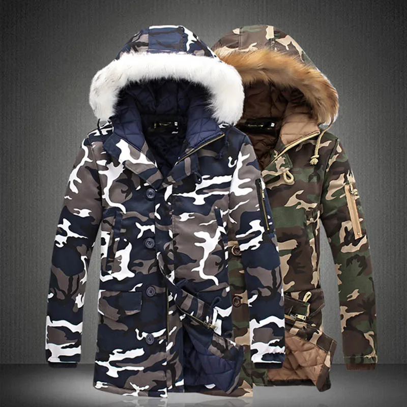 Men Camouflage Hooded Coats Camo Casual Parkas Outerwear Faux Fur