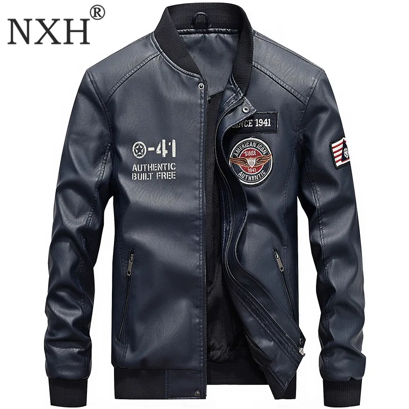 

NXH Baseball jaket men Winter Faux Leather Bomber Jackets Men Velvet Pu Coats Motorcycle deri ceket Armband jaqueta de couro