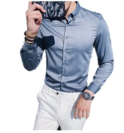 

Men's long-sleeved shirt, non-iron silky fabric, Korean version of self-cultivation embroidered shirt, male youth casual shirt