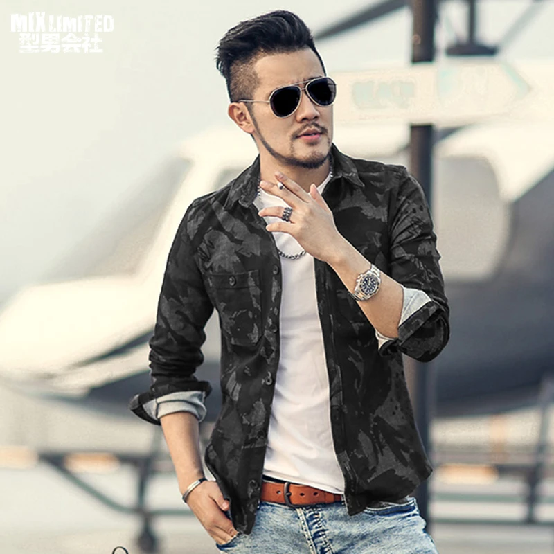 

2018 Men brand vintage denim military casual printed long sleeve shirt metrosexual men new dark black camouflage fashion shirts