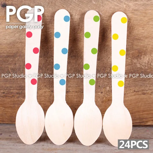 

[PGP] The Polka Dot Wooden Spoons,for cupcake Ice cream Untansils,Unicorn Rainbow Easter Kids boy girl Birthday Party