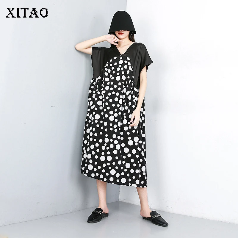 

XITAO Chiffon Pot Midi Dress Women Clothes 2019 V Neck V Neck Hollow Out Cross Border Pullover Patchwork Korea WBB4258